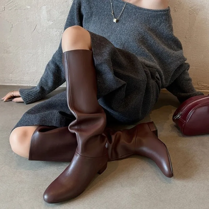 Dilalula 2025 Split Cow Leather Women Knee High Riding Boots Round Toe Low Thick Heels Casual Slip On Long Boots Ladies Dating