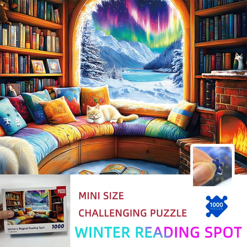 

1000-Piece Mini Jigsaw Puzzle Challenging High Difficulty Cozy Reading Nook Sleeping Cat Design Finished Size 15" X 10"