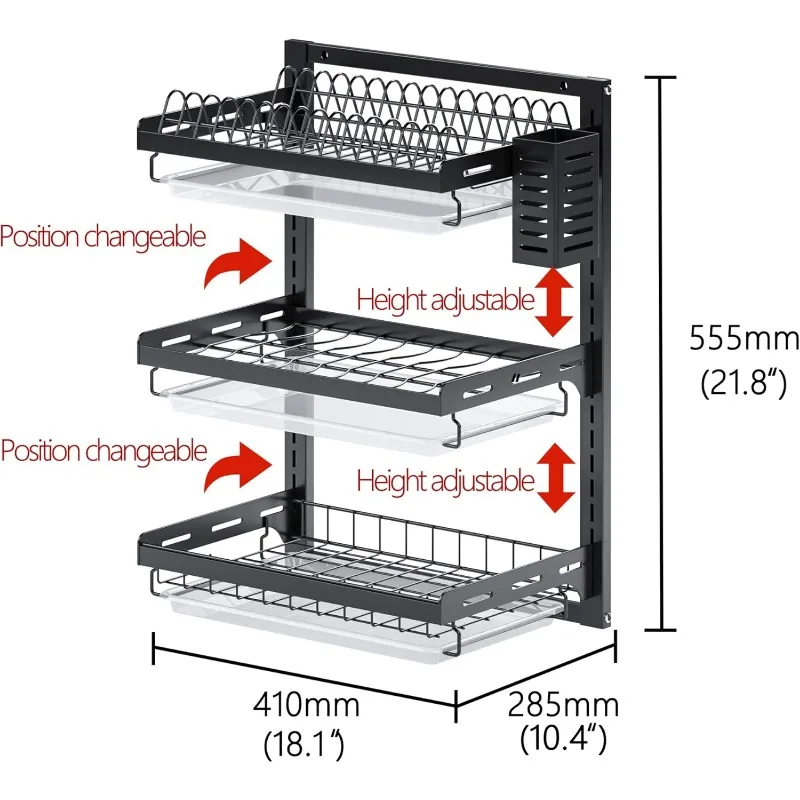 Estante de secado de platos montado en la pared, escurridor colgante de acero inoxidable de 3 niveles con soporte para cubiertos, escurridor y ganchos