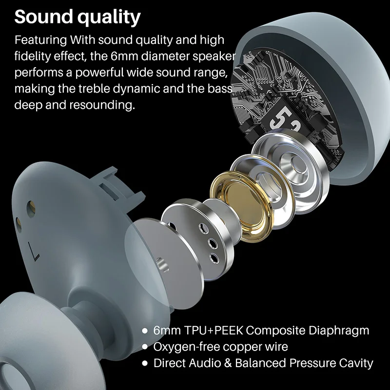 Słuchawki Bluetooth TOZO A1, bezprzewodowe słuchawki douszne Dźwięk zanurzeniowy Słuchawki do połączeń na duże odległości Ultralekkie, czarne