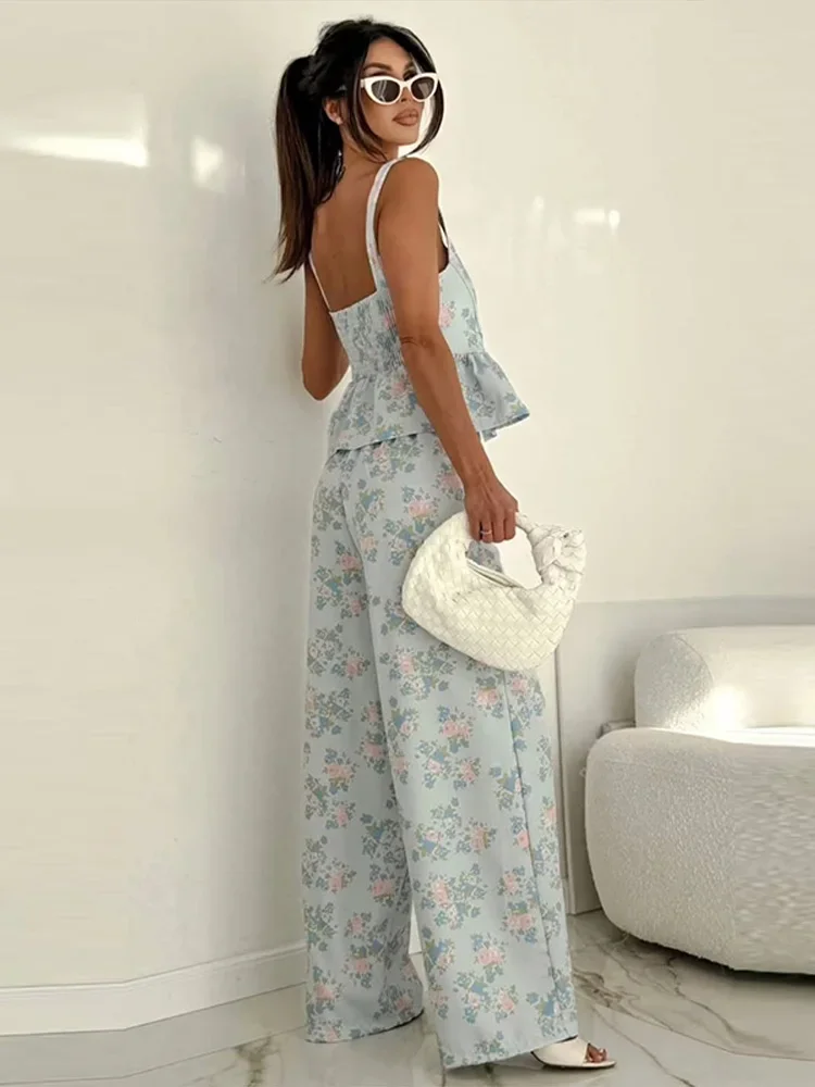 Fashion Printed Women Pant Set Sleeveless Ruffles Cinched Waist Female Vest And Pockets Long Wide Leg Pant Summer Streetwear - view 3