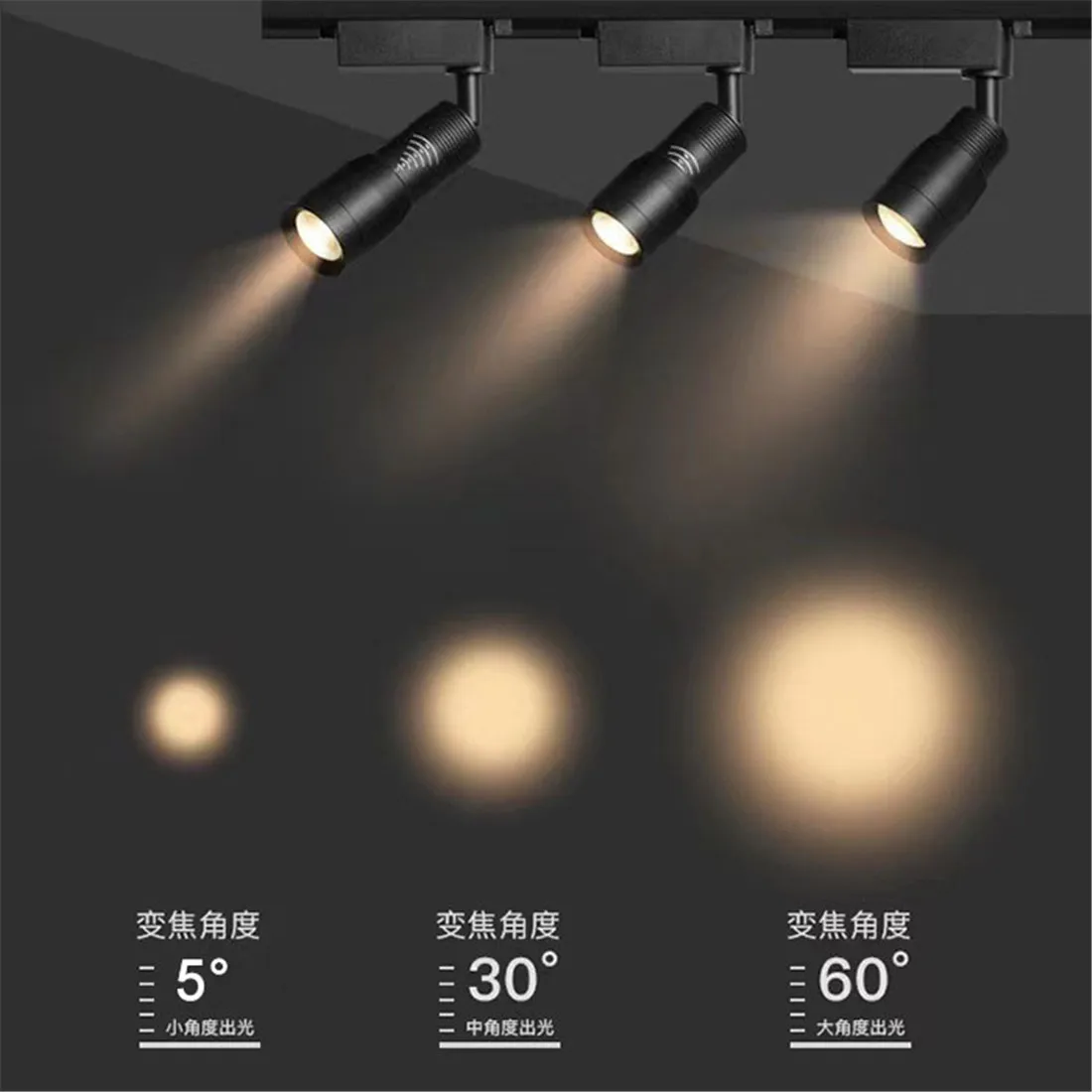 Adjustable 5° 6° 8° 10° Narrow Beam Angle Black White LED Focus Ceiling Spotlights, 3W 7W 12W Zoomable Track Lights with Zooming