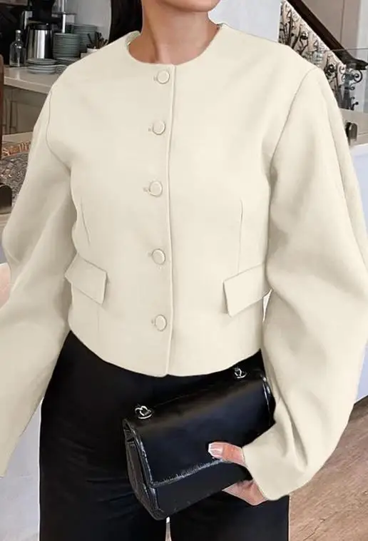 

Women's Jacket 2025 Spring Autumn New Retro Solid Color Round Neck Long Sleeved Temperament Single-Breasted Crop Jacket Coat