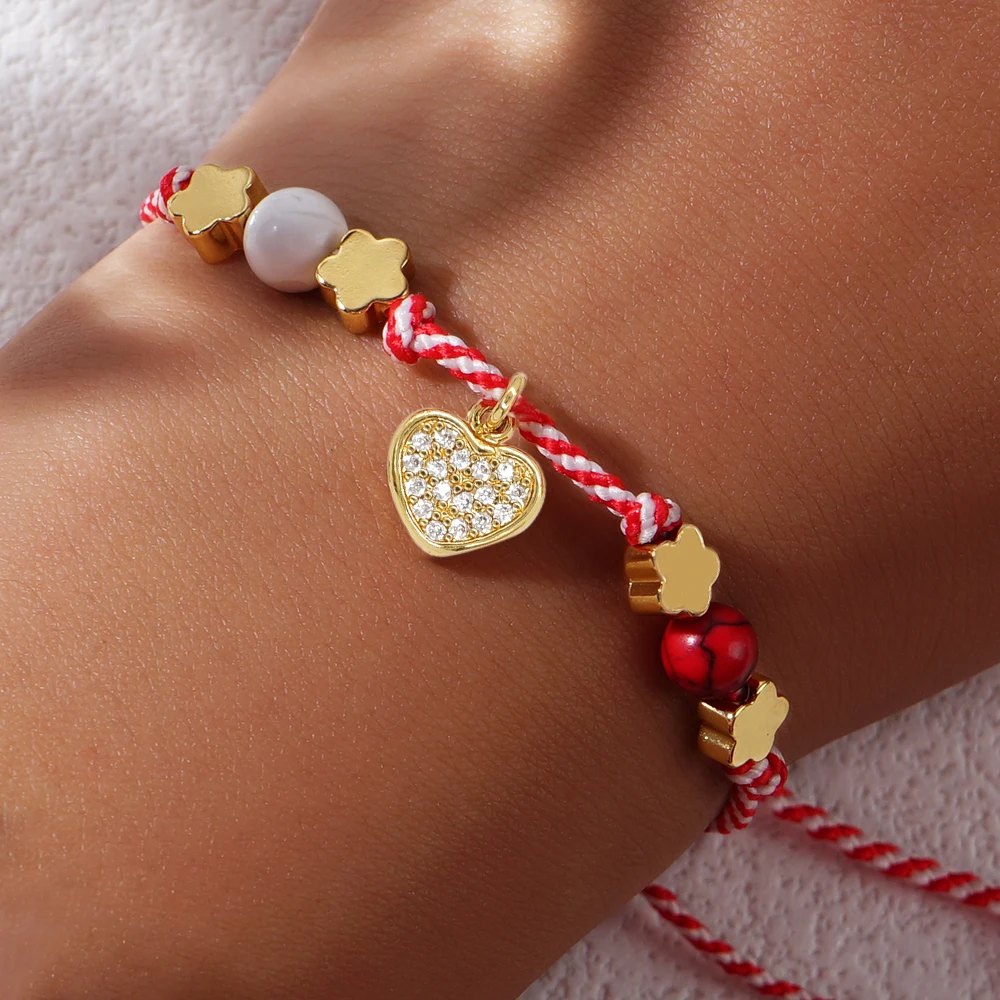 Go2boho Daisy Copper Flower Classics Rope String Colorful Gemstone Cute Heart Pendant Greek March Bracelets for Women 2024 New