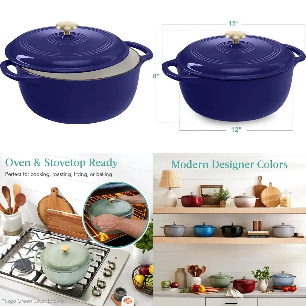 

Family-Sized Heavy-Duty Pre-Seasoned 7.5 Quart Enamel Cast-Iron Dutch Oven with Lid, Oven Safe, Sapphire Blue