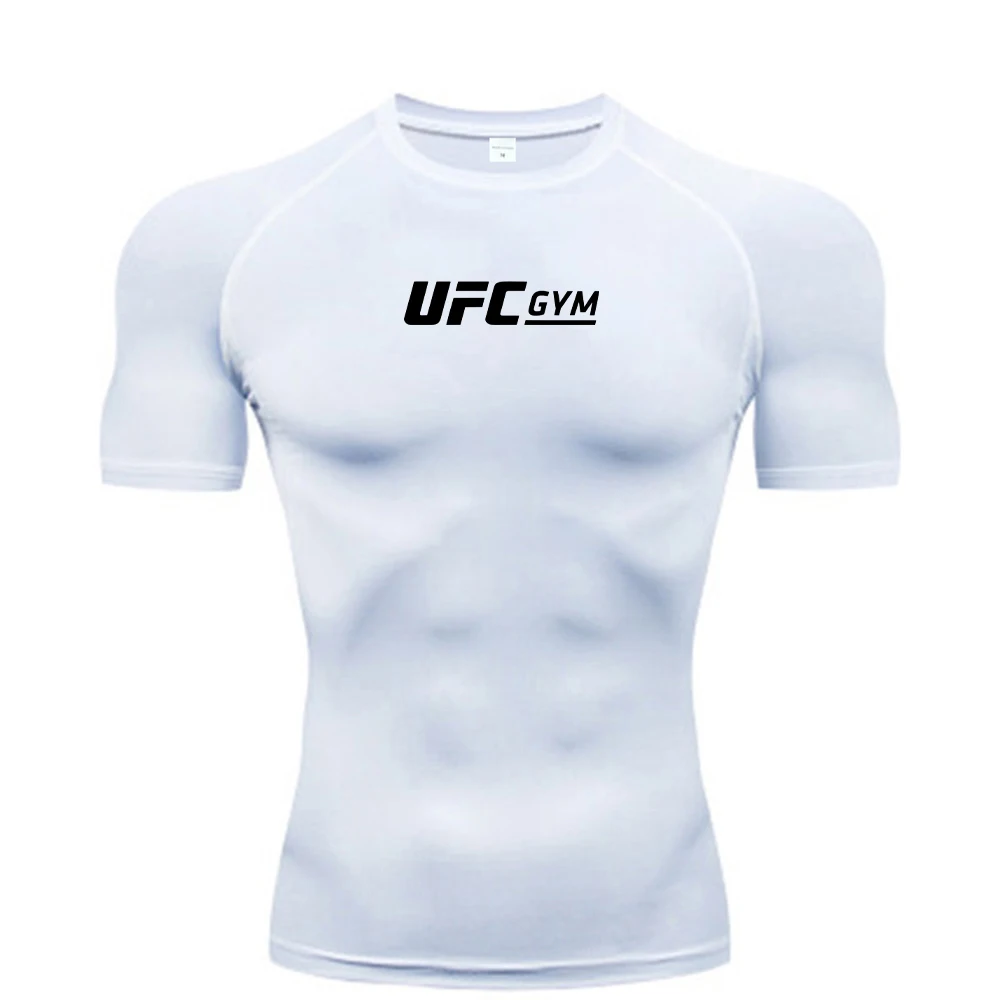 Camiseta de compresión para hombre, de secado rápido, manga corta, para verano, fitness, running, ajustada, con estampado UFC, para entrenamiento.
