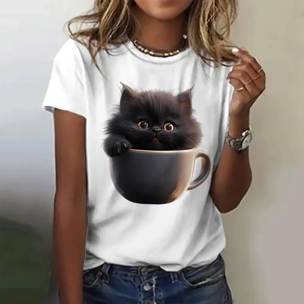 Funny Black Cat Printed Women T-shirt Summer Short Sleeves Streetwear Tshirt Fashion Casual T Shirt Round Neck Retro Women Tops