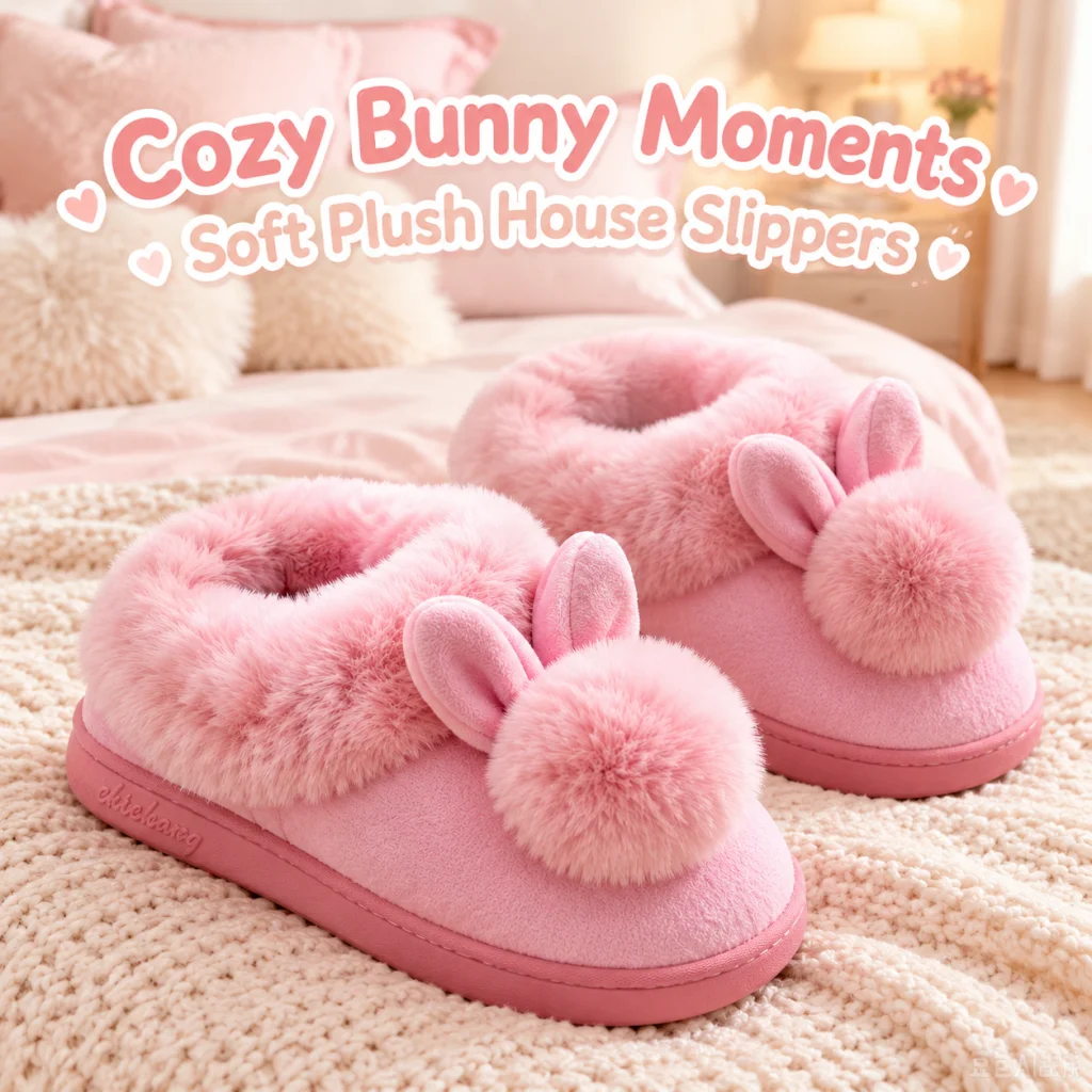 Women Bunny Ear Plush Slippers Winter Closed Back Fuzzy Warm Non slip Home Indoor Bedroom House Shoes