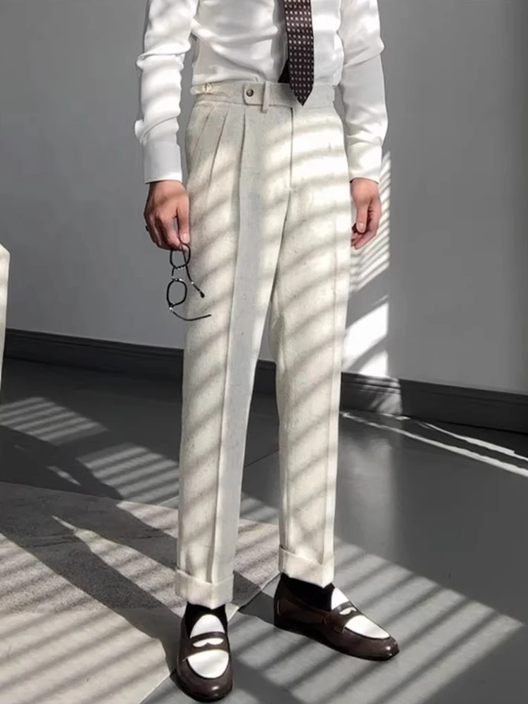 Vintage Slim Woolen Pants Men Naples Style Trendy Pleated Solid Color Woolen Trousers For Mens Autumn Winter Casual Suit Pants