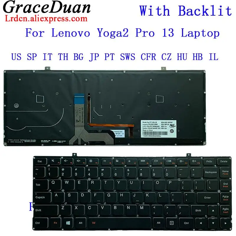 for Lenovo Yoga 2 Pro 13 20266 Laptop Backlit Keyboard BG Bulgaria IT Italian CZ Czech  SP Spanish CFB HU JP PT HB IL US TH SWS