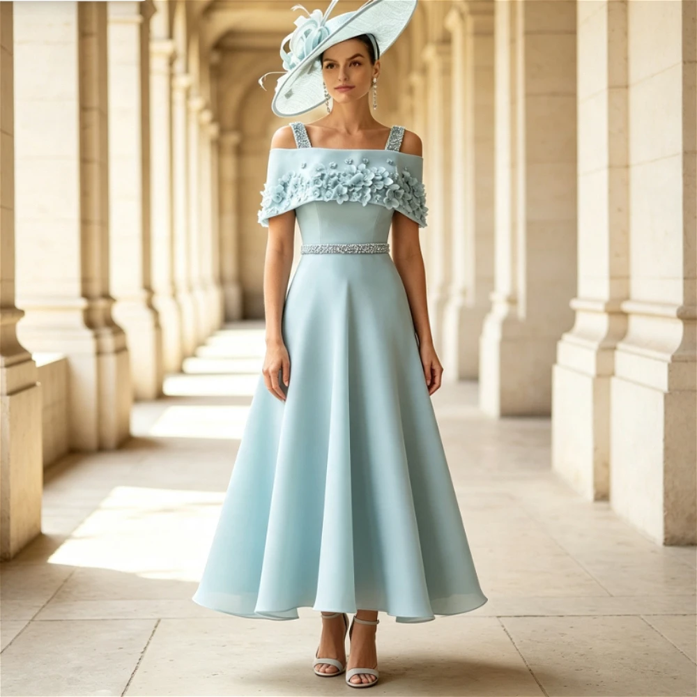 Vestido de Madrina Personalizado con Hombros Descubiertos, Apliques Florales 3D, Pedrería, Corte A, Satén, Largo Midi, para Invitadas de Boda