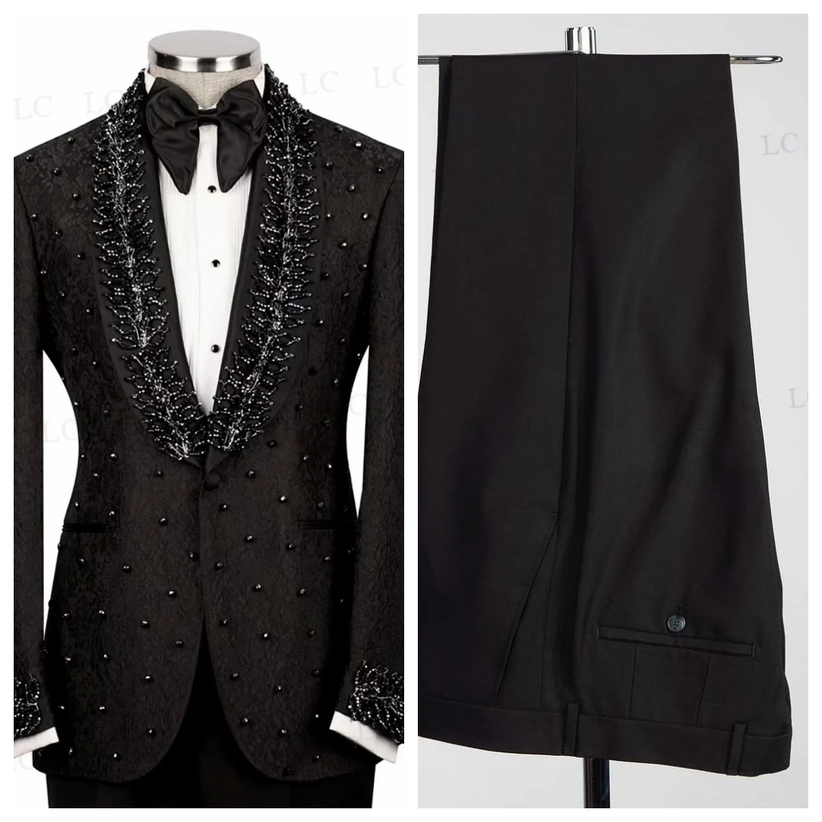 

2 Pieces Jacquard Sheer LapelMen Suits Blazer Pants One Button Beads Diamonds Tailored Plus Size Formal Prom Party Wedding Groom