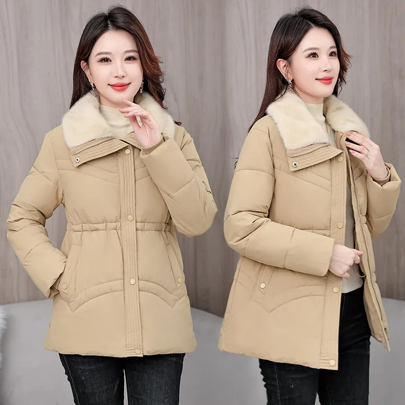 Winter Warm Longline Puffer Coat Women Faux Fur Collar Quilted Padded Jacket Cinched Waist Thickened Thermal Windproof Casual