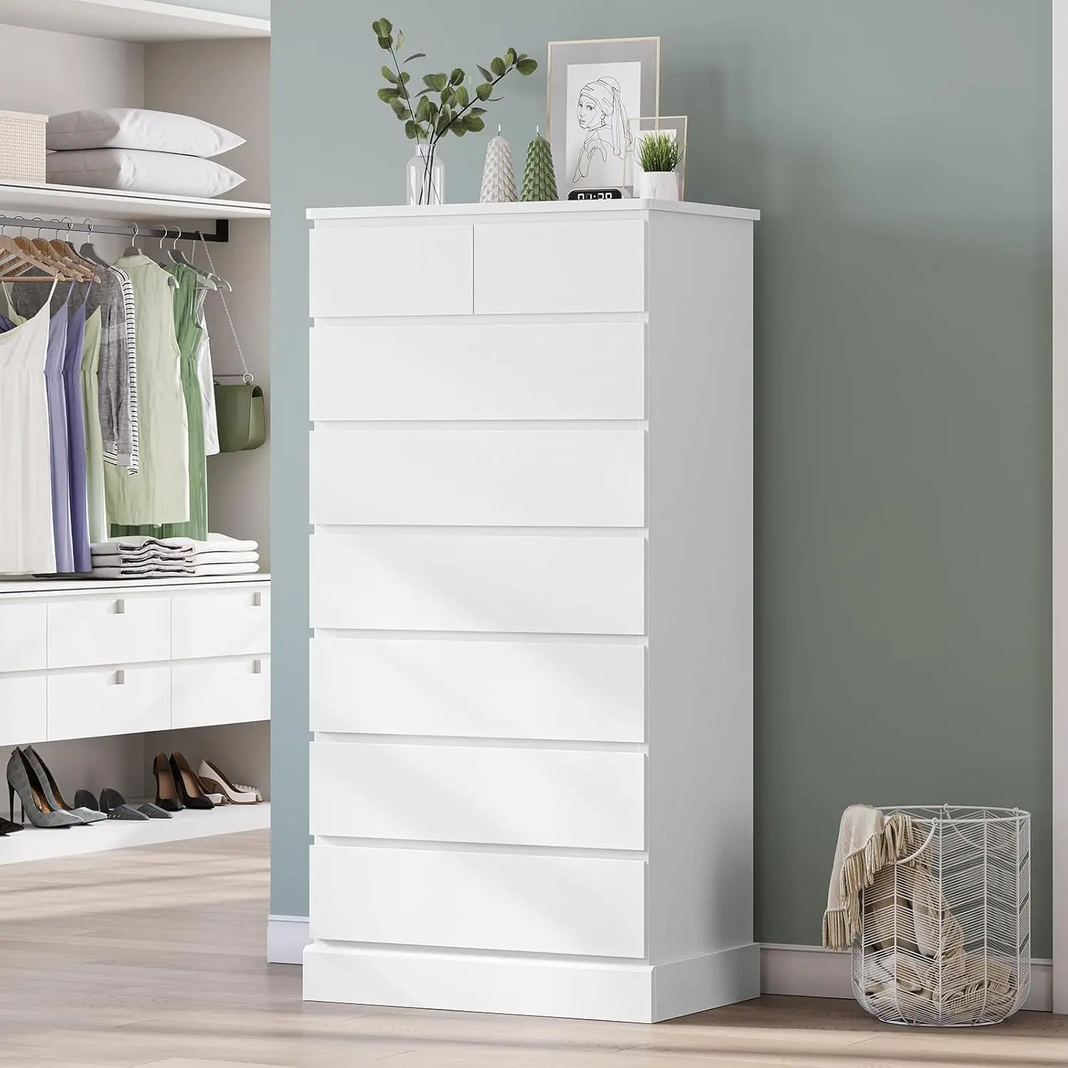 White Tall 8-Drawer Bedroom Dresser 59.6" Modern Wood Closet Organizer Storage Cabinet Large Vertical Hallway, Customized