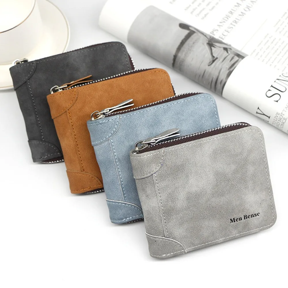 

Creative Vintage Short PU Wallet Frosted Bifold Male Coin Purse Large Capacity Zipper ID Card Holder Travel