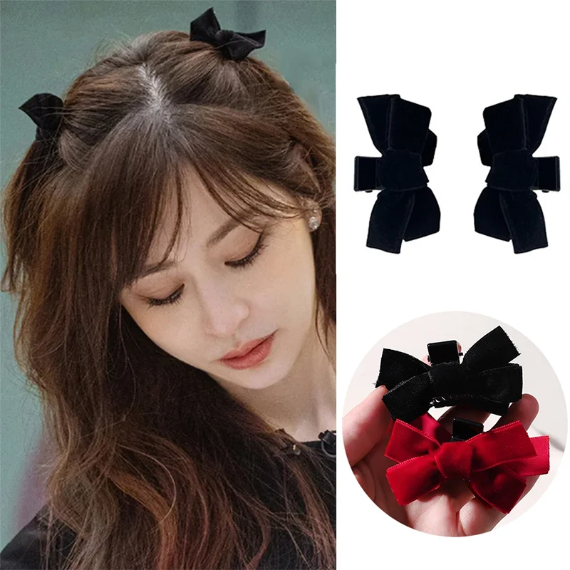 2Pcs Korean Ribbon Hair Clips Vintage Bowknot Side Hairpin Fashion Girl Barrettes Y2k Headdress Hair Accessories for Women