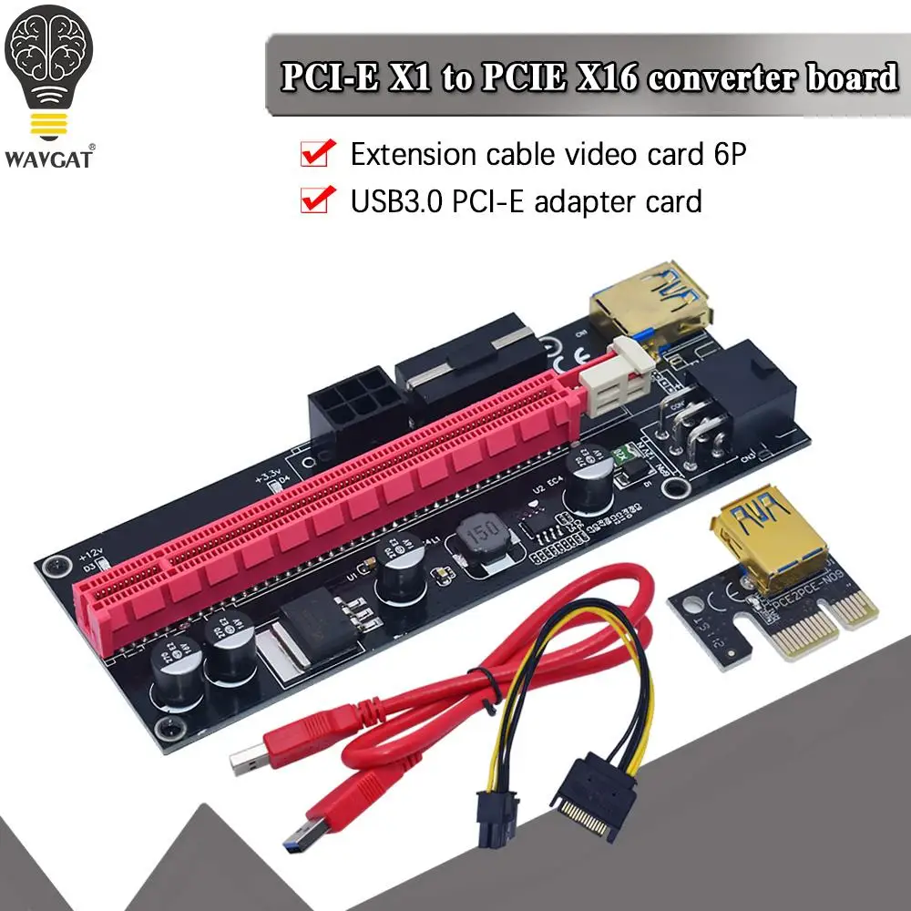 WAVGAT VER009S PCI-E Riser Card 009S PCI Express PCIE 1X to 16X Extender 1M 0.6M USB 3.0 Кабель SATA to 6Pin Power for Video Card