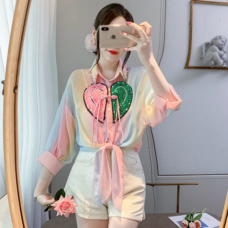 

Chiffon Vintage Women Blouses Summer Appliques Women's Shirts Rainbow Patchwork Clothing Sales Loose Short Sleeve Beading Tops