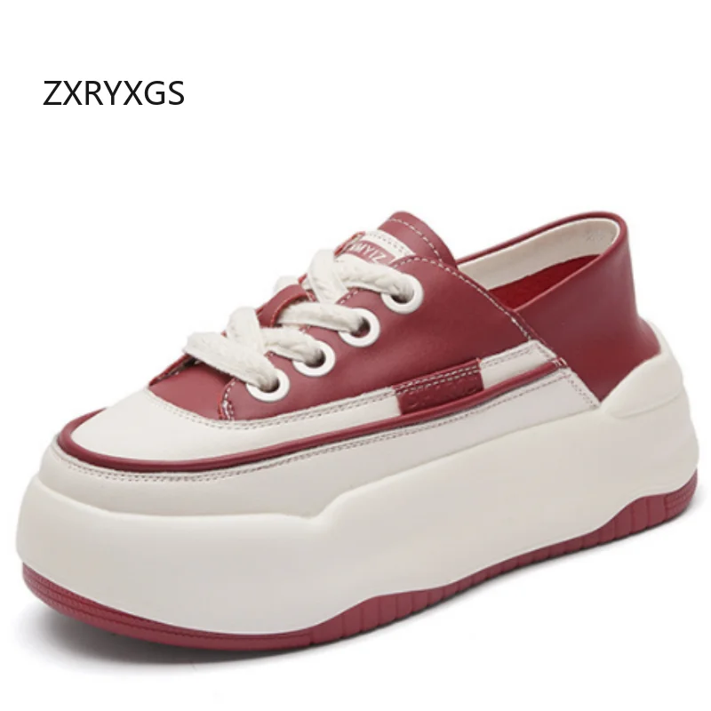 ZXRYXGS 2026 New Spell Color Women Genuine Leather Shoes Leisure Sneakers Versatile Thick Sole Elevator Shoes Shoes 30-39