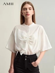 Amii Minimalism 2024 Women Shirt Summer New Commuter Stand-up Collar Asymmetric Female Blouse Drop Shoulder Loose Tops 12422008