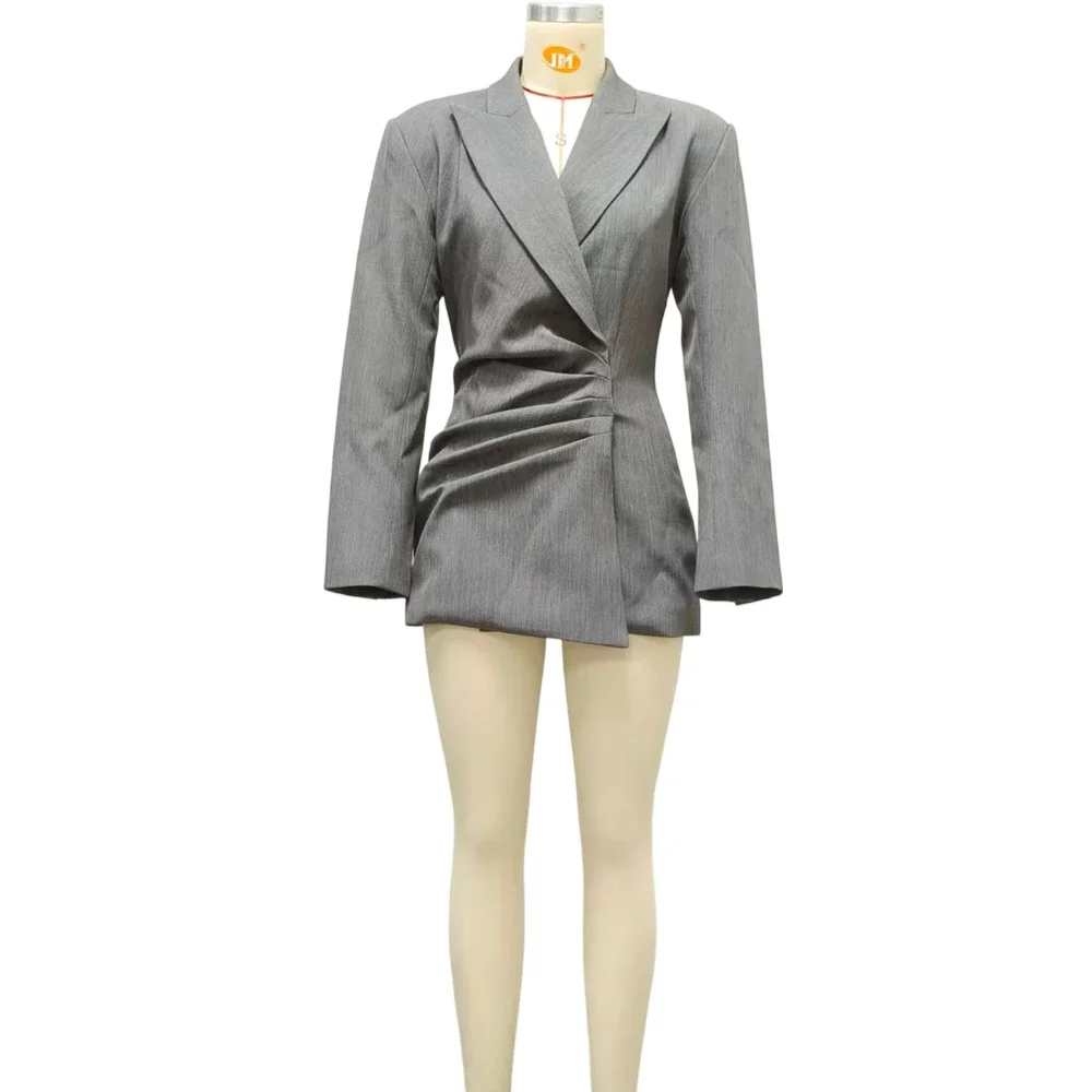 Fashionable Grey Ruched Blazer Dress Elegant Sexy Luxury Long Sleeve Gold Button Gown Formal Prom Dinner Party Cocktail Party