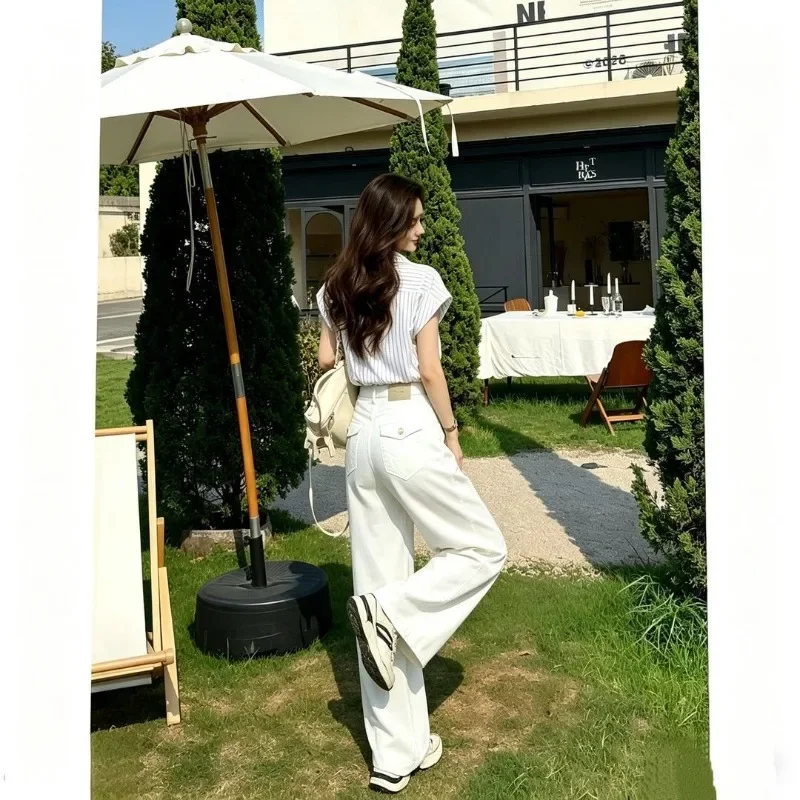 Fashion White High-waisted Wide-leg Jeans Female Slim Joker 2026 Summer Narrow Version Loose  Denim Straight Pants Women's M681