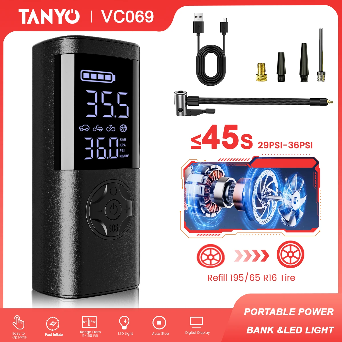 Motorcycle Air Pump  Tyre Inflator Pump 150PSI Portable Electric Inflator Pump for Car  Tire Bicycle Balls Air Compressor