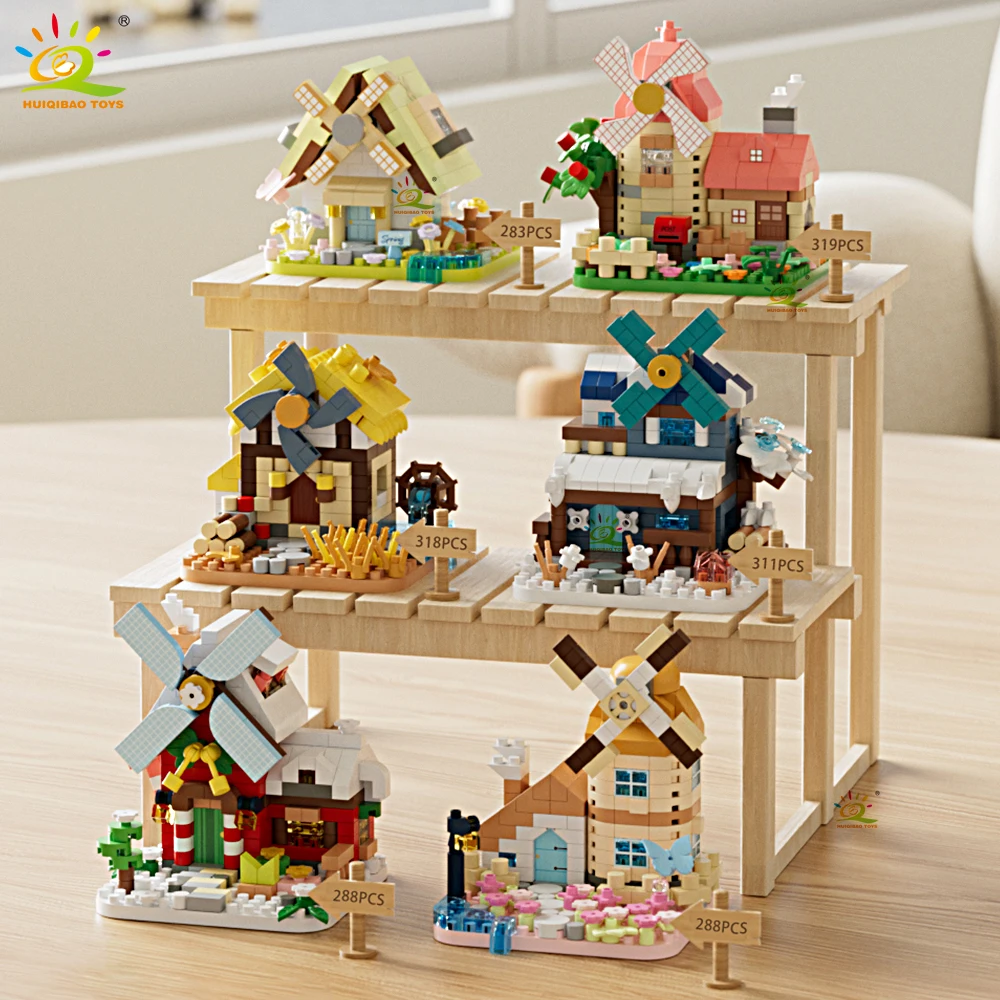 HUIQIBAO mignon MOC moulin à vent maison modèle Micro bloc de construction vue sur la rue modèle Mini brique jouet pour enfants bureau décoration de la maison