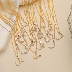 HECHENG Arabic Letter Name Inlaid CZ Stone Pendant Necklace Brass Chain Letter Pendant Necklace Women's Gift Jewelry