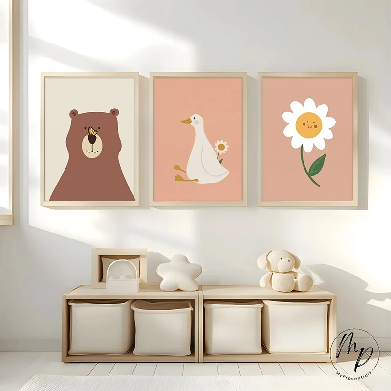 Boho Neutral Nursery Wall Art Cute Bear Duck Daisy Cartoon Print Soft Blush Pastel Animal Poster Baby Girl Bedroom Decor Post