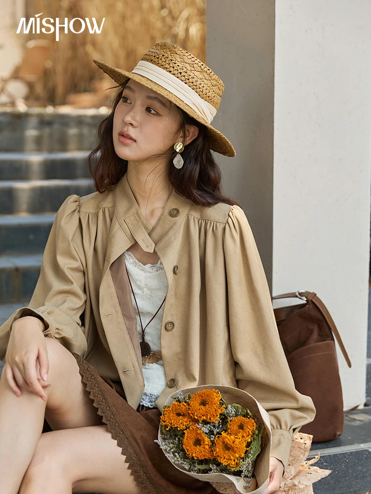 MISHOW British Trench Coat 2026 Autumn Women's Light Brown Stand Collar Coats Female Single Breasted Versatile Jacket MXE43W0802