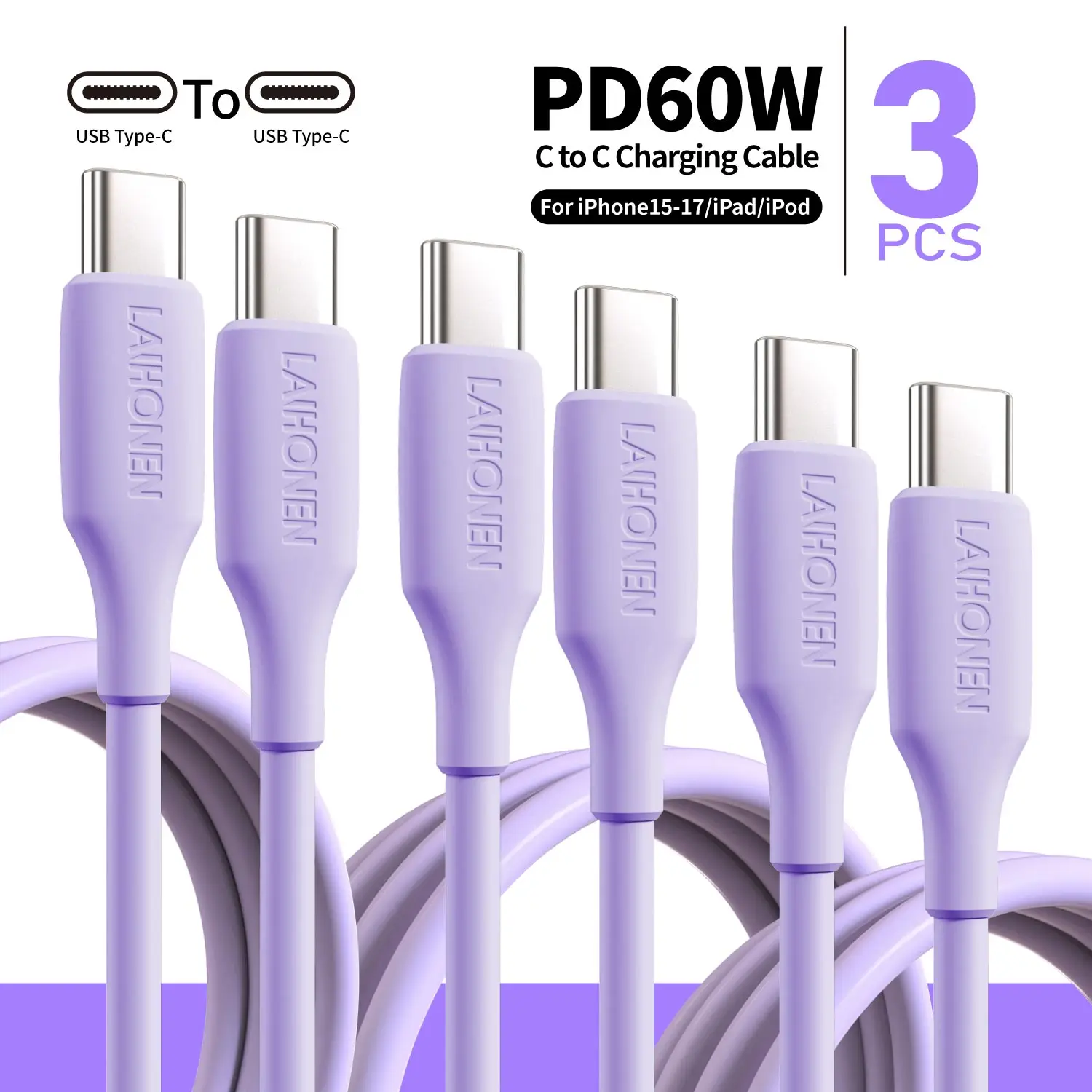 3pcs 60W PD Fast Charging Macaron Silicone Type-C Cable - for iPhone 17/16/15 Pro Max, S24/S23, Xiaomi