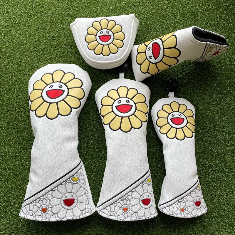 Şanslı ayçiçeği Golf Woods Headcovers sürücü Fairway atıcı için kapakları 135H kulüpleri Set kafaları PU deri Unisex