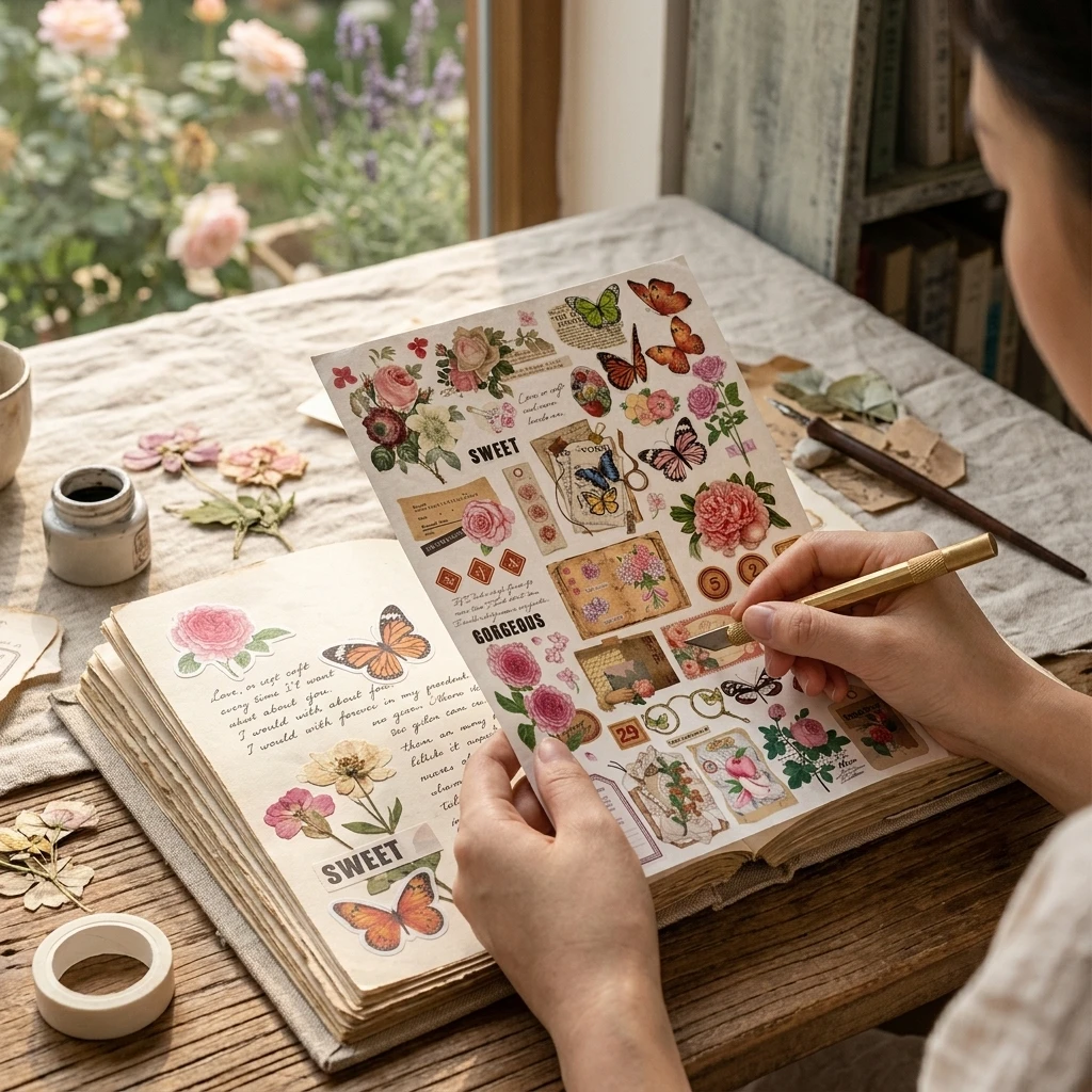 Vintage Flower Butterfly Stickers Scrapbooking Decorative Transfer Stickers for DIY Junk Journal Photo Frame Cards Handbook