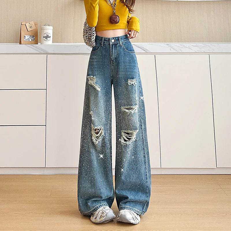 KSTUN Women's High Waist Distressed Jeans Wide Leg Denim Pants Rhinestone Design Hollow Out Loose Casual Streetwear Y2K Trousers
