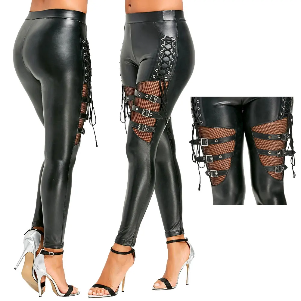 

Women PU Leather Skinny Slim Trouser Fishnet Trim Lace Pant Faux PU Leather Pencil Pants Club Clothing Gothic Punk Leggings