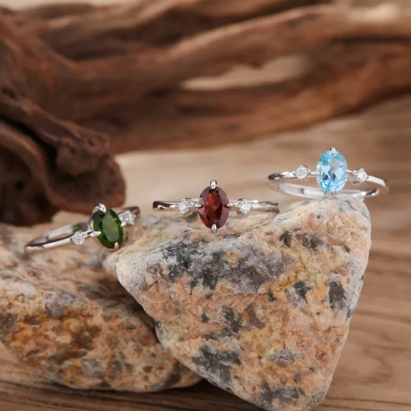 S925 sterling silver colored treasure ring women's natural topaz garnet diopside olivine simple versatile ring wholesale