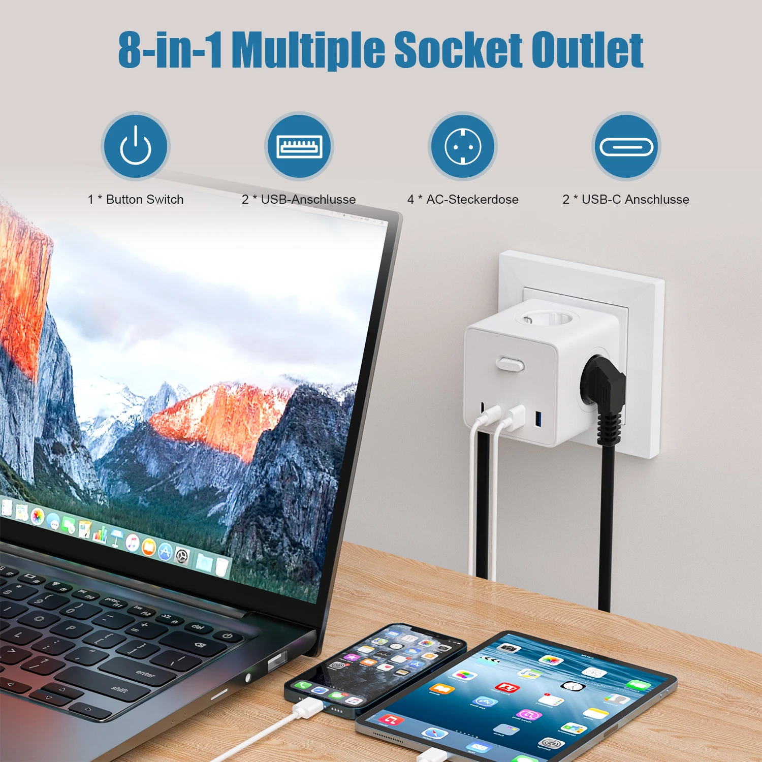 EU Plug Cube Power Wall Socket with 4 AC Outlets + 2 USB and 2 Type C Fast Charging Ports Multi-Contact Power Adaptor Extender