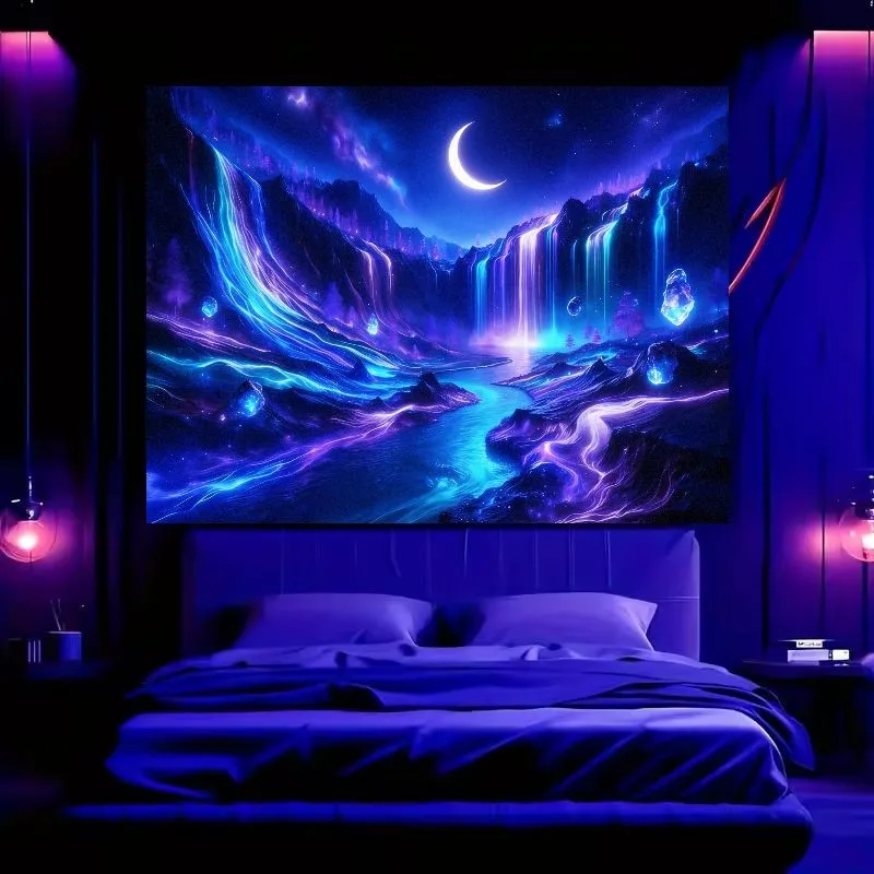 VIKAMA Psychedelic Moon Canyon Tapestry Waterfall Fantasy River Landscape Wall Hanging Aesthetic Bedroom Decor