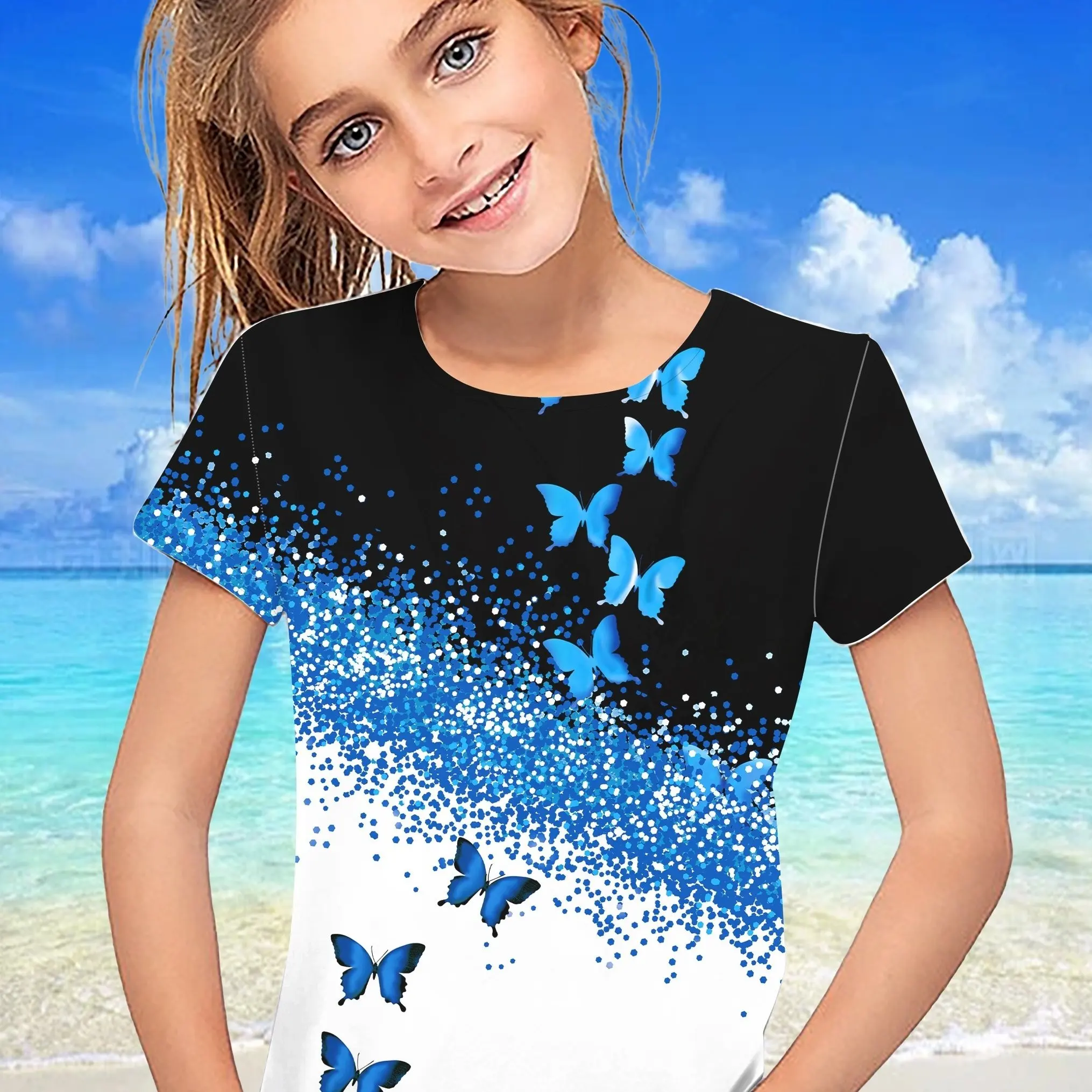 Odzież dziecięca Ubrania dla dziewczynek Koszulka dziewczęca z krótkim rękawem Prety Butterfly Print Kawaii Okrągły dekolt Dziewczyna Top Letnie ubrania dla dzieci