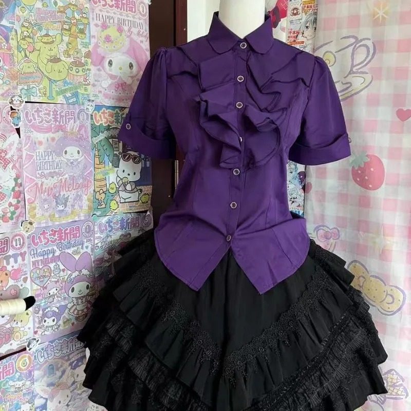 

Japanese Gothic Punk Style Women Shirts Kawaii Ruffles Short Sleeve Elegant Blouses Cosplay Costumes Y2k Aesthetics Casual Tops