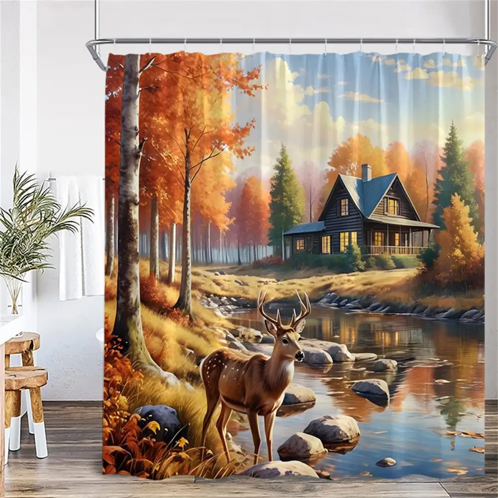 Autumn Rustic Landscape Shower Curtains Cabin Forest Lake Moose Bear Wild Animals Bath Curtain Home Bathroom Decor with Hooks