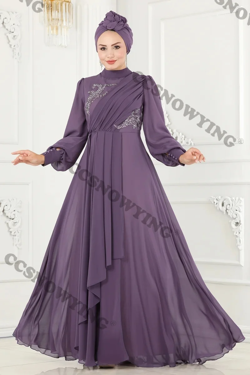 

Chiffon Appliquies Beaded Hijab Muslim Evening Dress Long Sleeve Islamic Formal Party Gowns Arabic Dubai Robes De Soirée