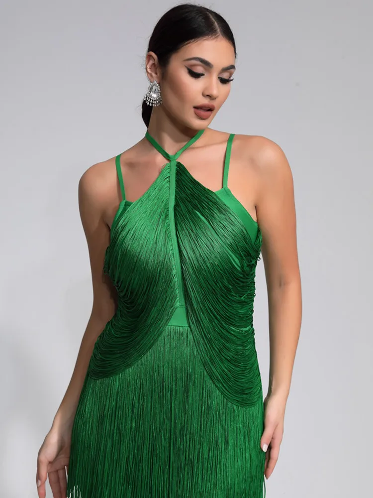 Women Celebrity Luxury Sexy Sleeveless Tassel Green Maxi Long Bandage Dress  2024 Knitted Elegant Evening Club Party Outfit - AliExpress 200000345