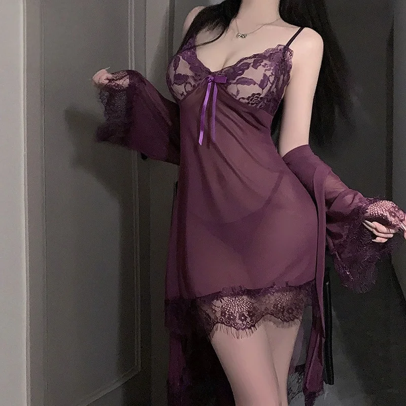 Temptation Flirtatious Sleeveless Suspender Dress Sexy Lingerie Women Lace Mesh Nightgown Seducing Dreamy Purple Bathrobe Set view 3
