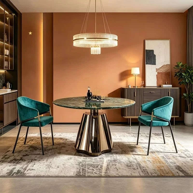 Dark Green Marble Round Dining Table Rose Gold Faceted Cone Stainless Steel Metal Base Kitchen Restaurant Home Furniture