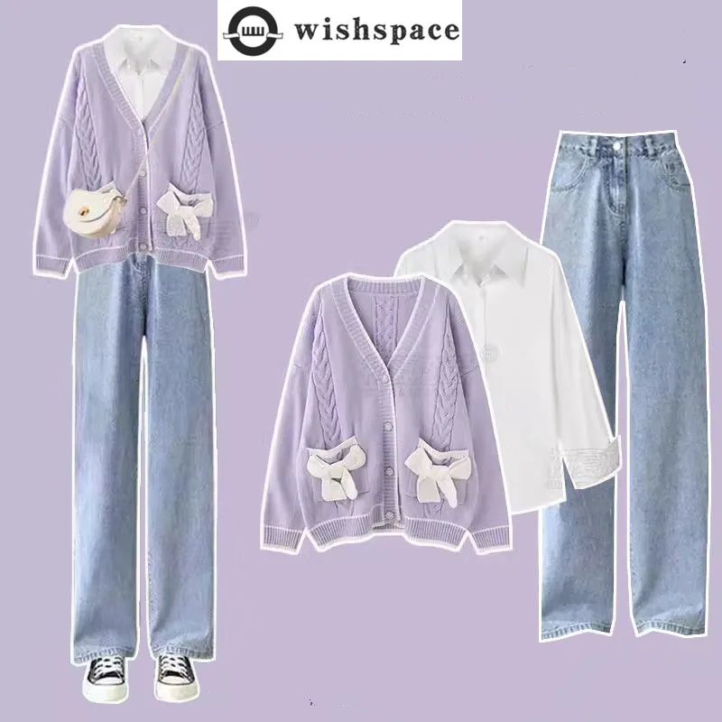 Spring and Autumn Set Female Student Korean Edition Loose Cardigan Sweater Jacket+shirt+drawstring Pants Three Piece Set