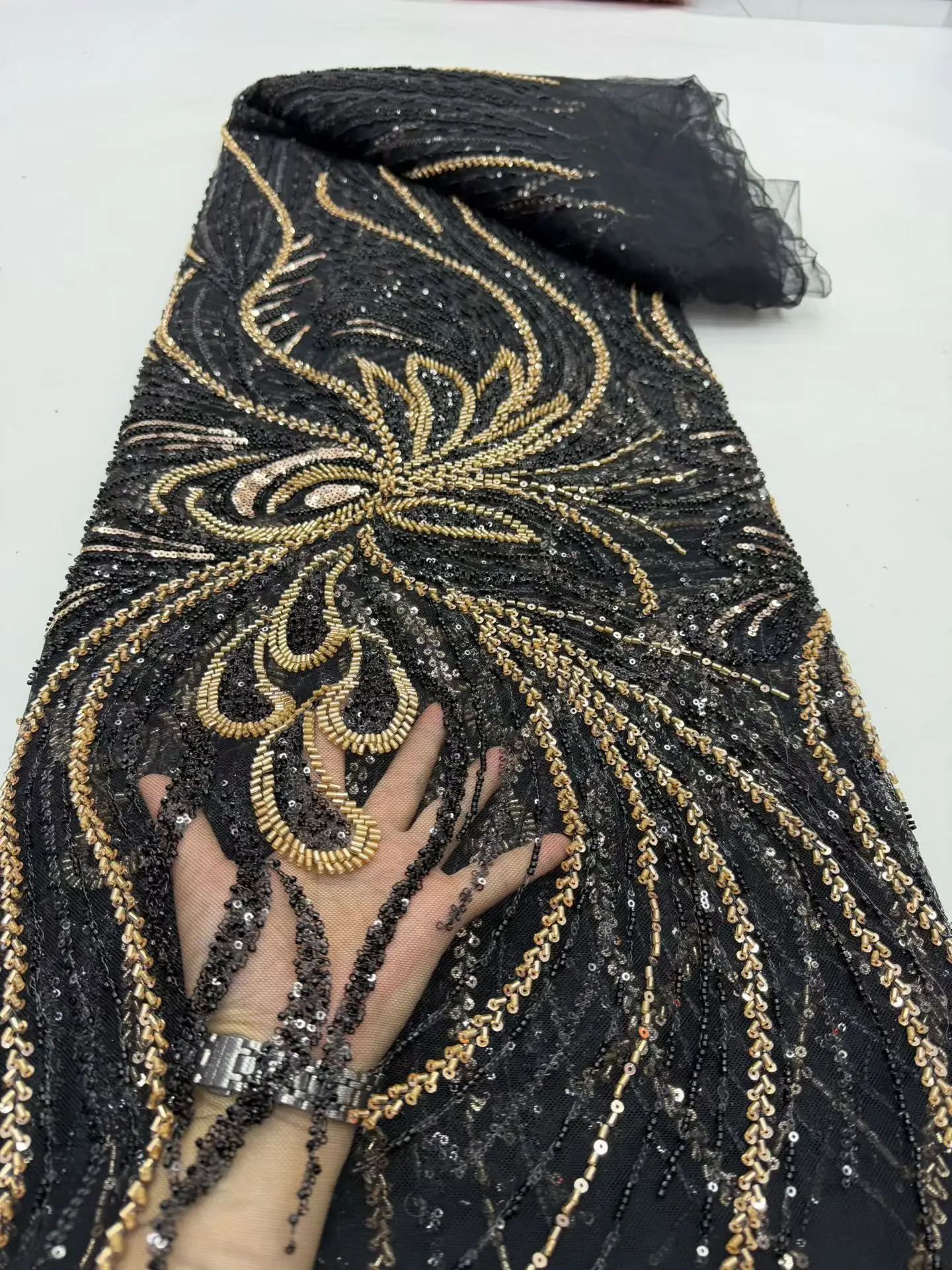 

Высококачественная африканская нигерийская тюлевая кружевная ткань с пайетками и вышивкой, французский гипюр, роскошное свадебное/вечернее платье, расшитое бисером, 5 ярдов, коллекция 2026 года