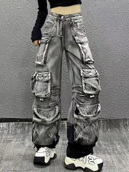 ג'ינס עם כיסים מרובים לנשים בסגנון וינטאג' 2024 חורף חדש עם מותן גבוה וכפתורים, מכנסי ג'ינס קארגו לנשים
