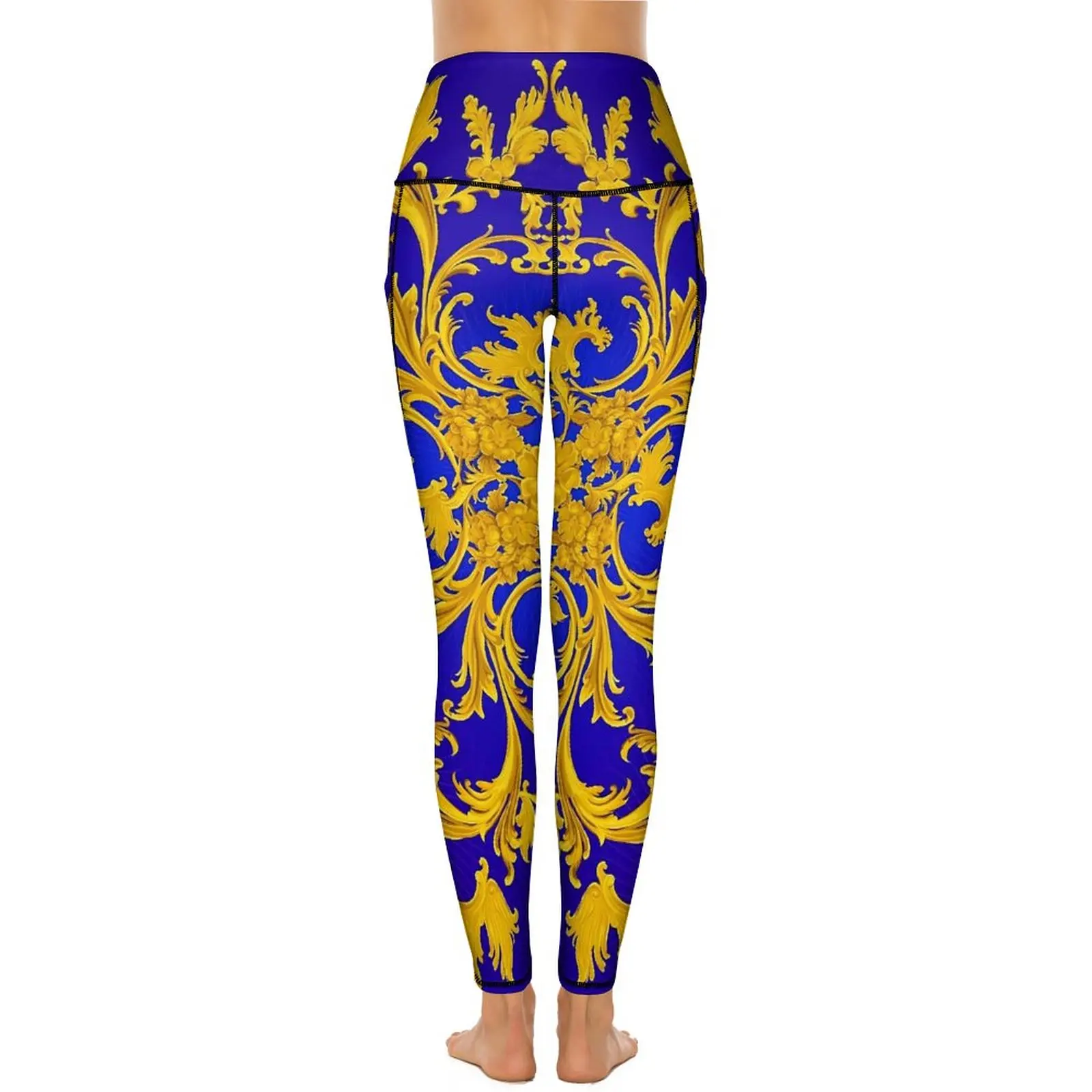 Baroque Print Leggings Sexy Blue and Gold High Waist Yoga Pants Aesthetic Quick-Dry Leggins Women Graphic Gym Sport Legging